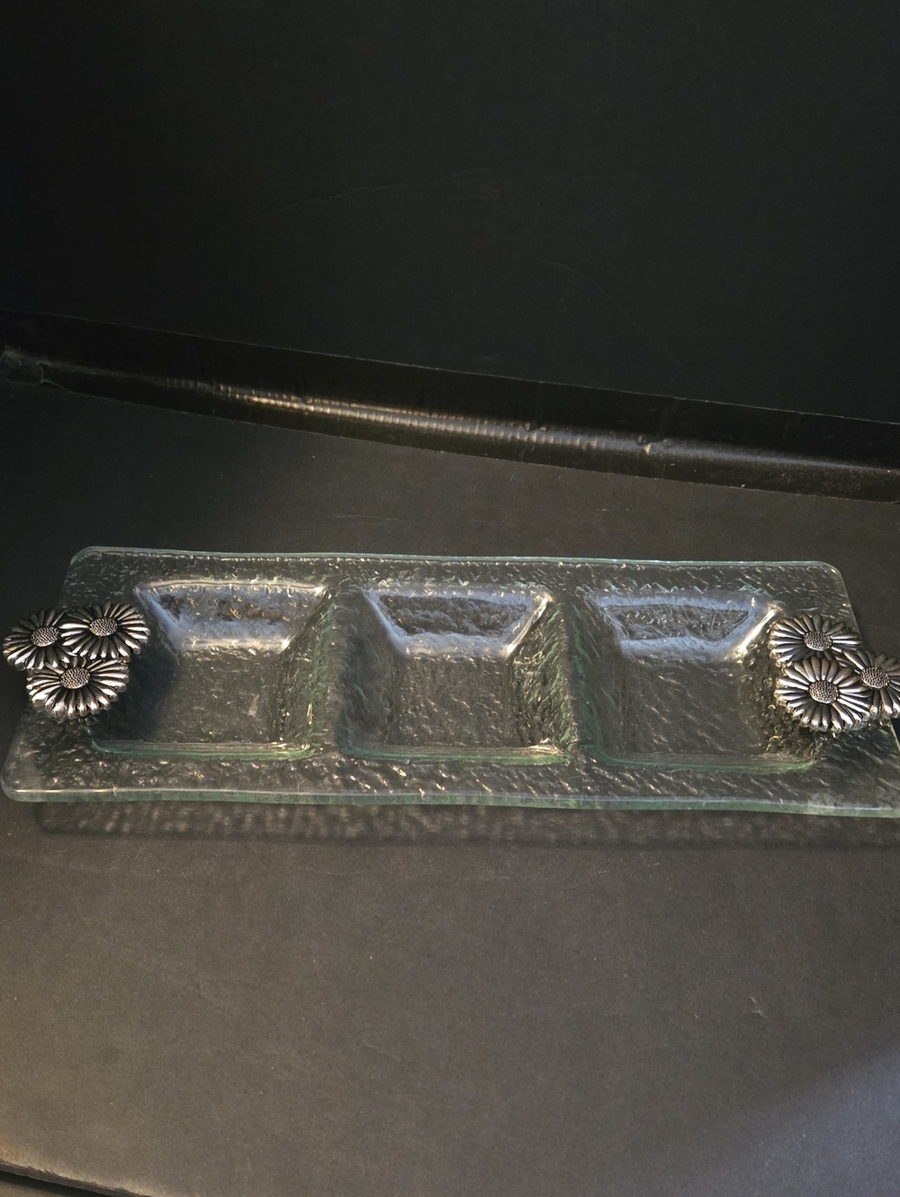 Green Tinted Recycled Glass 3 Co.partments With Floral Silver Handles
